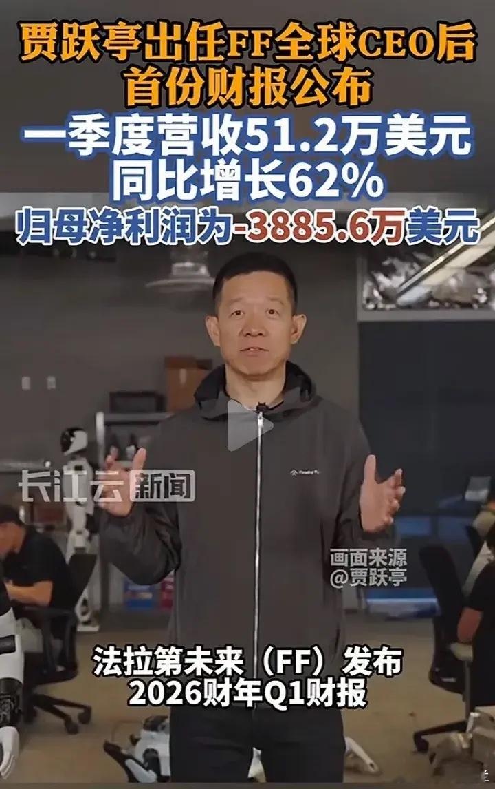 贾跃亭重新夺回法拉第未来CEO位置后，第一份财报出炉。营收51.2万美元，亏损3
