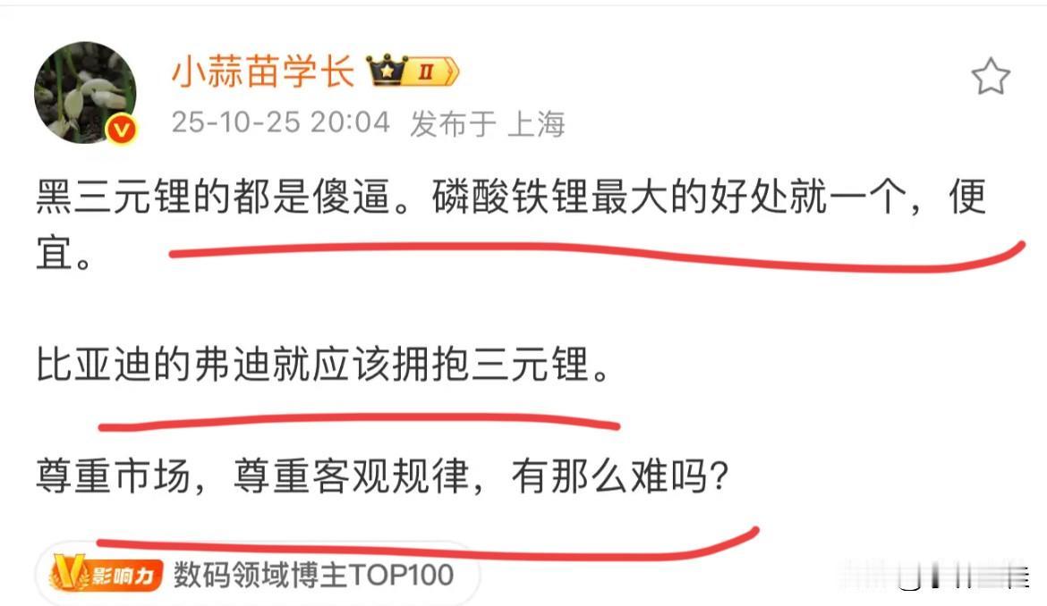 博主：“黑三元锂的都是SX，磷酸铁锂最大的好处就是便宜，比亚迪就应该拥抱三元锂，