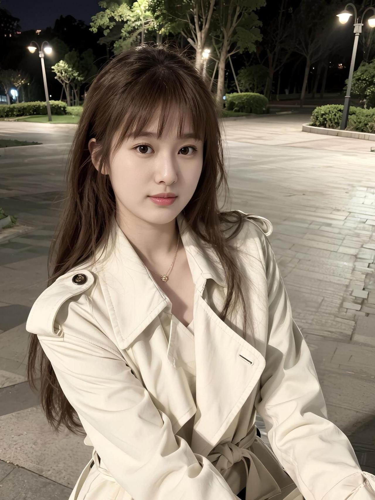 夜晚公园散步，温柔少女风，白色风衣搭配，清新自然。