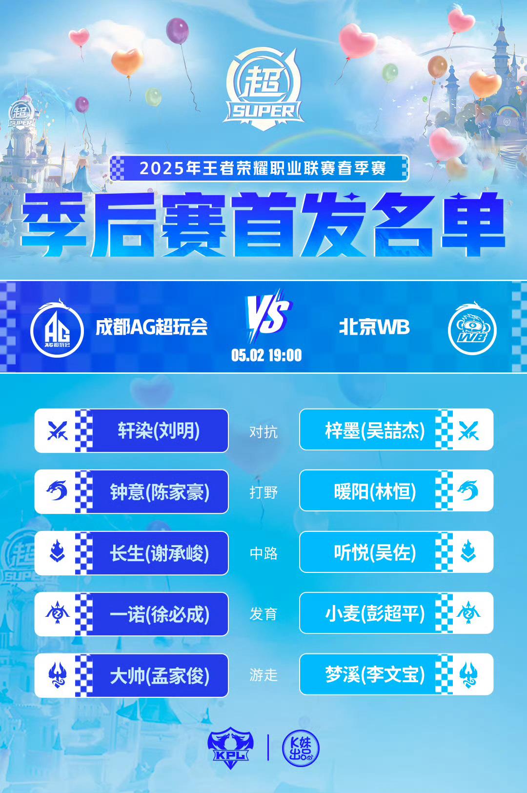 AG对战WB｜首发名单*解说席:李九北岛七年*主持人&Surprise嘉