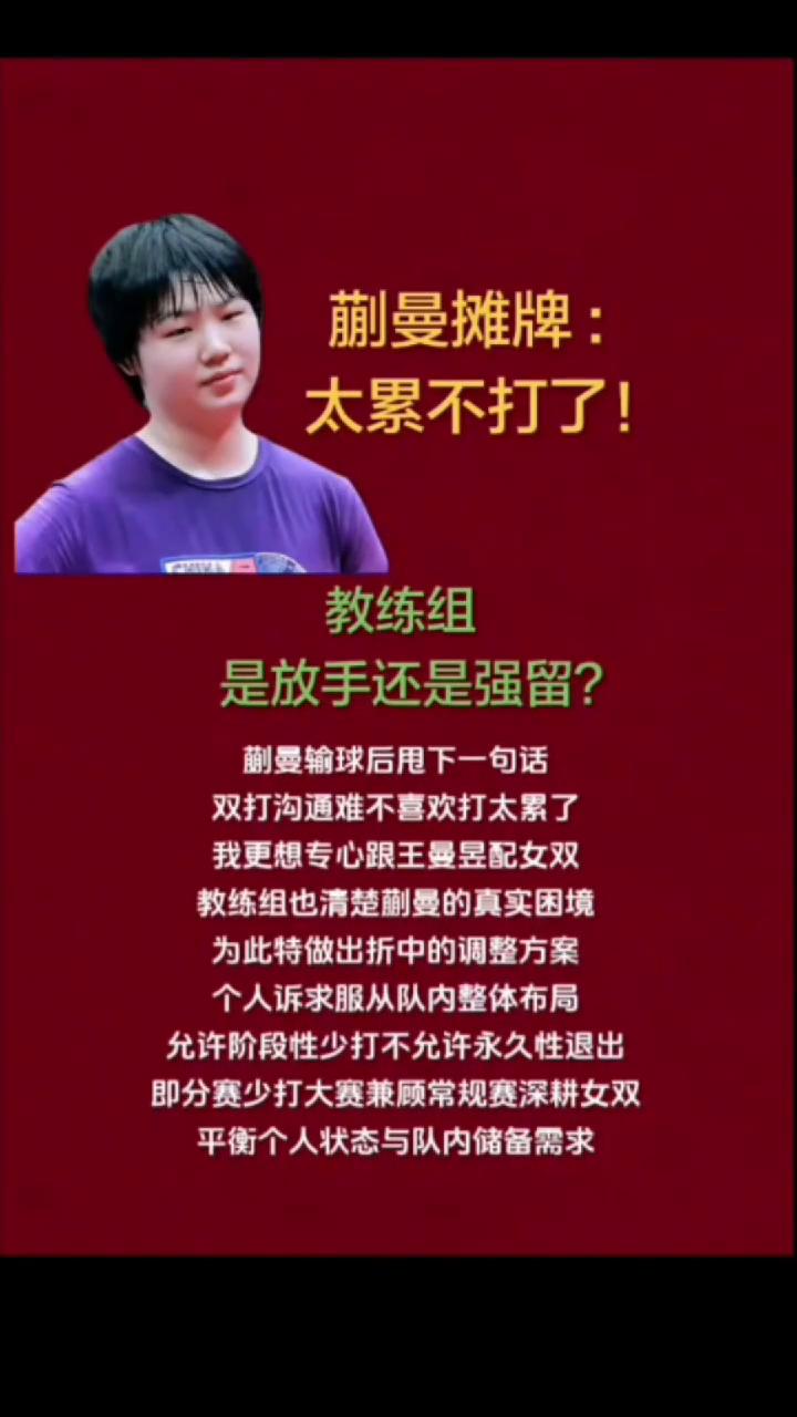 蒯曼摊牌：太累不打了！教练组是放手还是强留？蒯曼输球后甩下一句话：双打沟通难，