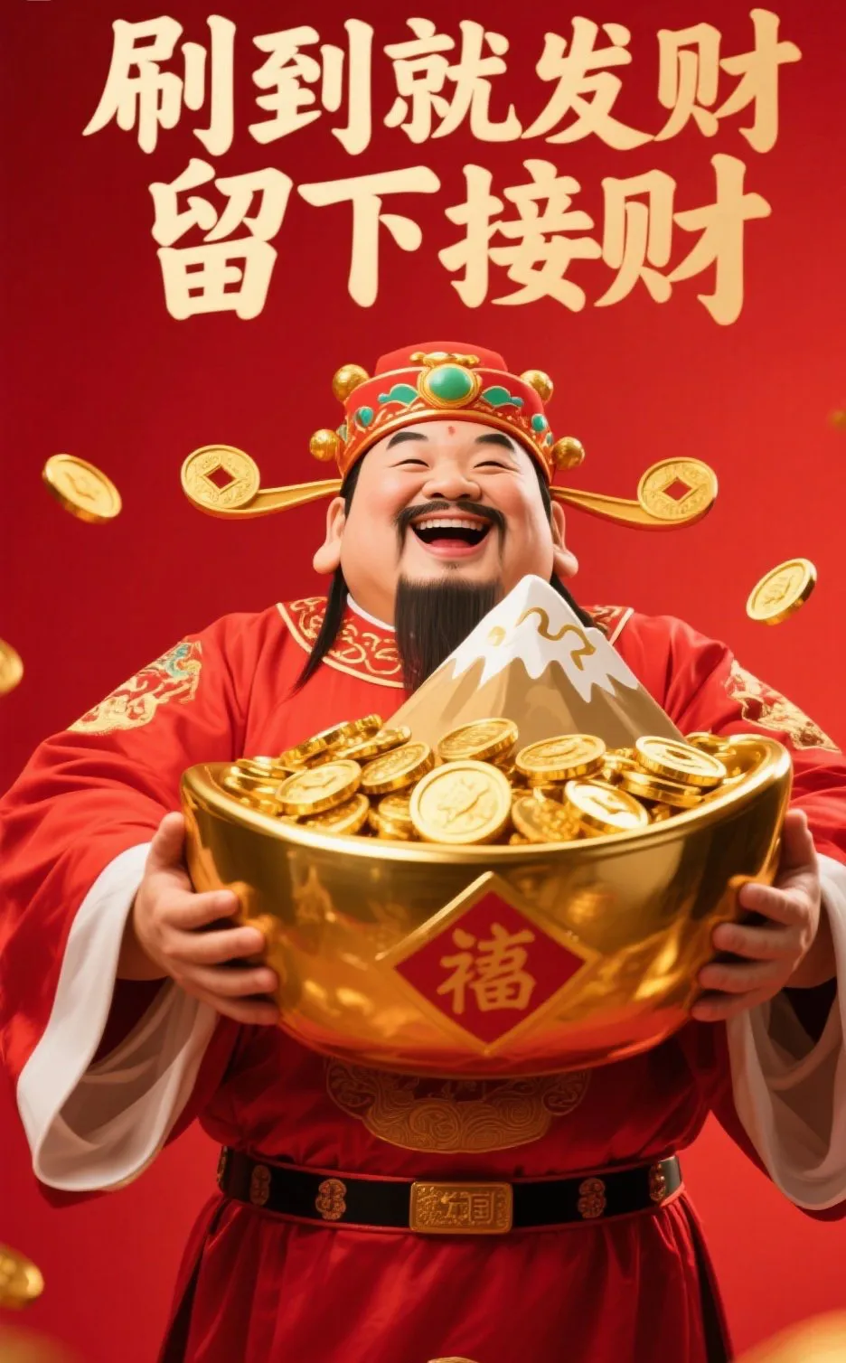 财神爷扛着金山砸来了，今天接住这波财运，2025必定日进斗金不缺钱，财神追着你撒钱，财神揣着聚宝盆，