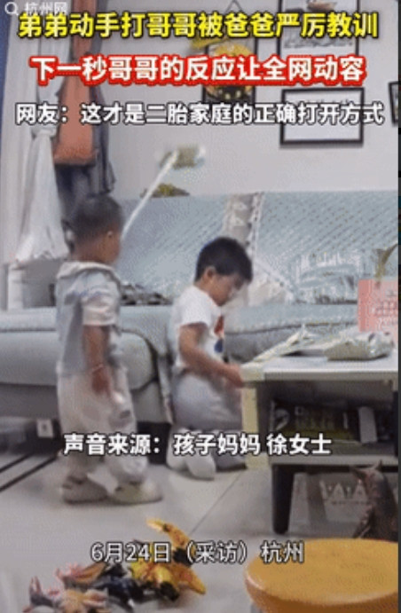 这才是正确的教育方式！浙江杭州，弟弟用棍子去打哥哥的头，爸爸迅速过来教育，拿走“