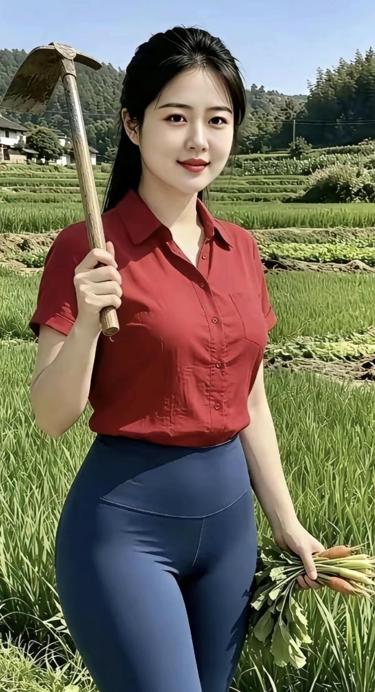这位美女在田间劳作，手拿锄头和蔬菜。