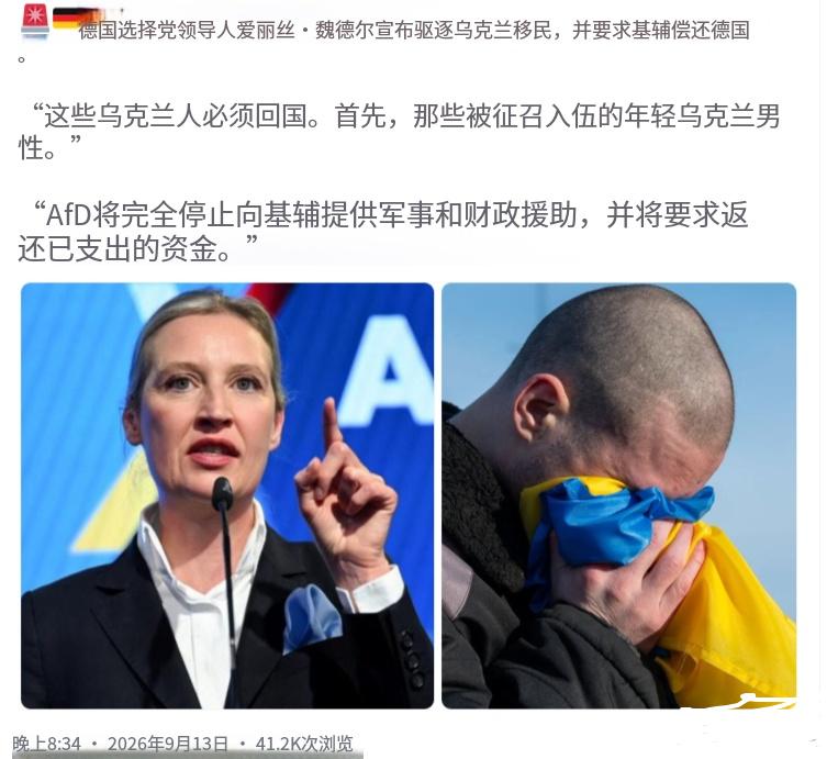 现在最让泽连斯基害怕的事情，大概就是德国选择党的魏德尔上台执政了！最近魏德尔提