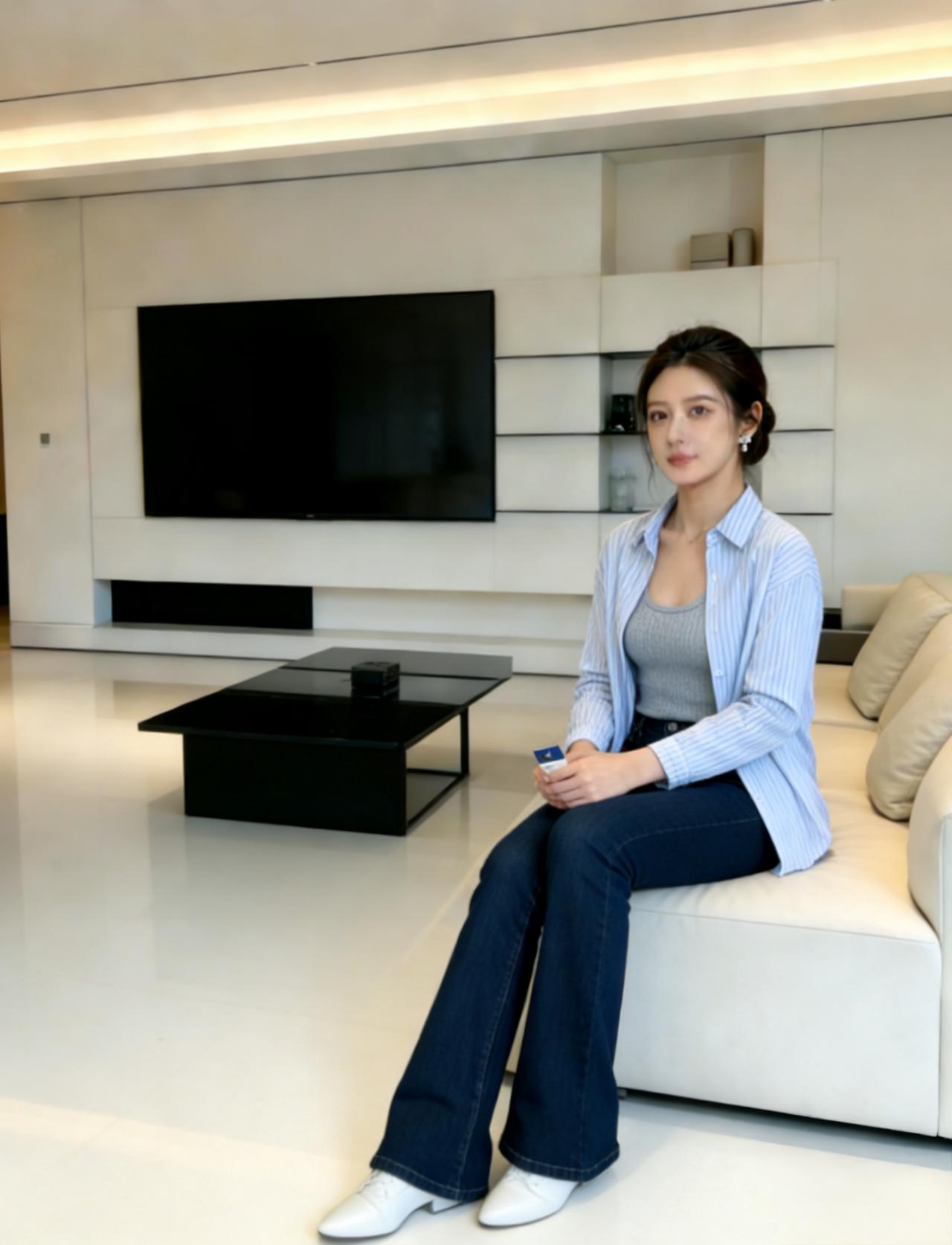 清爽且极具层次感的休闲穿搭。浅蓝色的竖条纹衬衫，内搭同色系的灰色针织吊带，