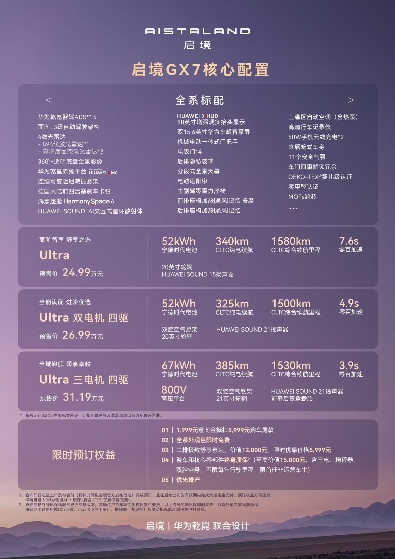 【启境GX7开启预售，预售价24.99万元起】Ultra——24.99万元Ultra双电机四驱——2