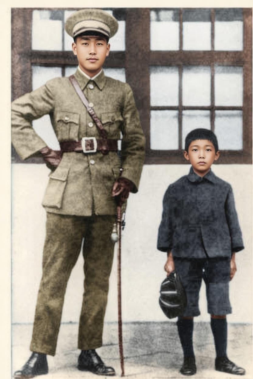 1924年，身着戎装、手持指挥刀的是时年37岁的蒋介石，右侧站着的是他年仅8岁的