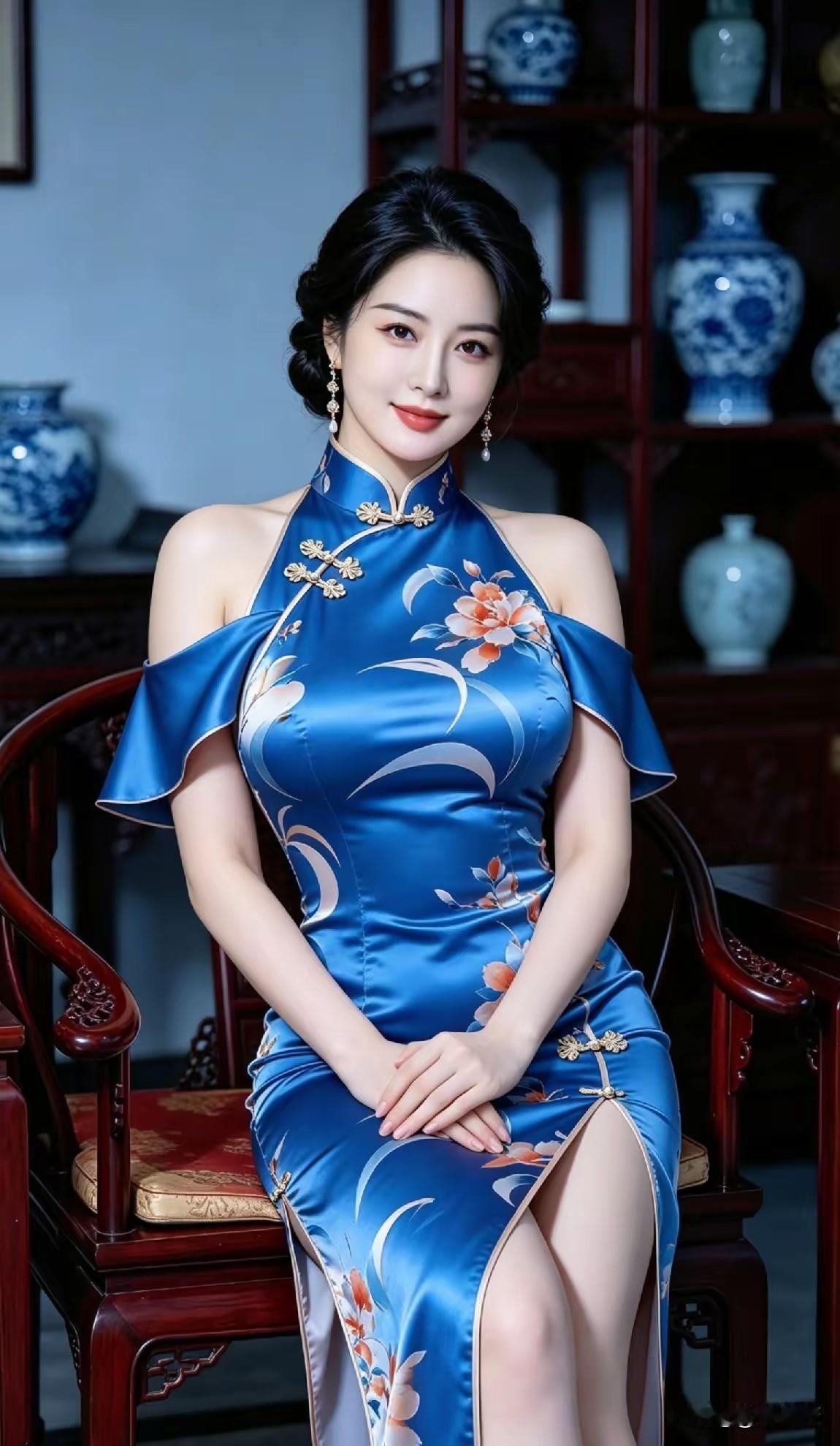 蓝色旗袍，韵味独特。东方佳丽，风情万种。