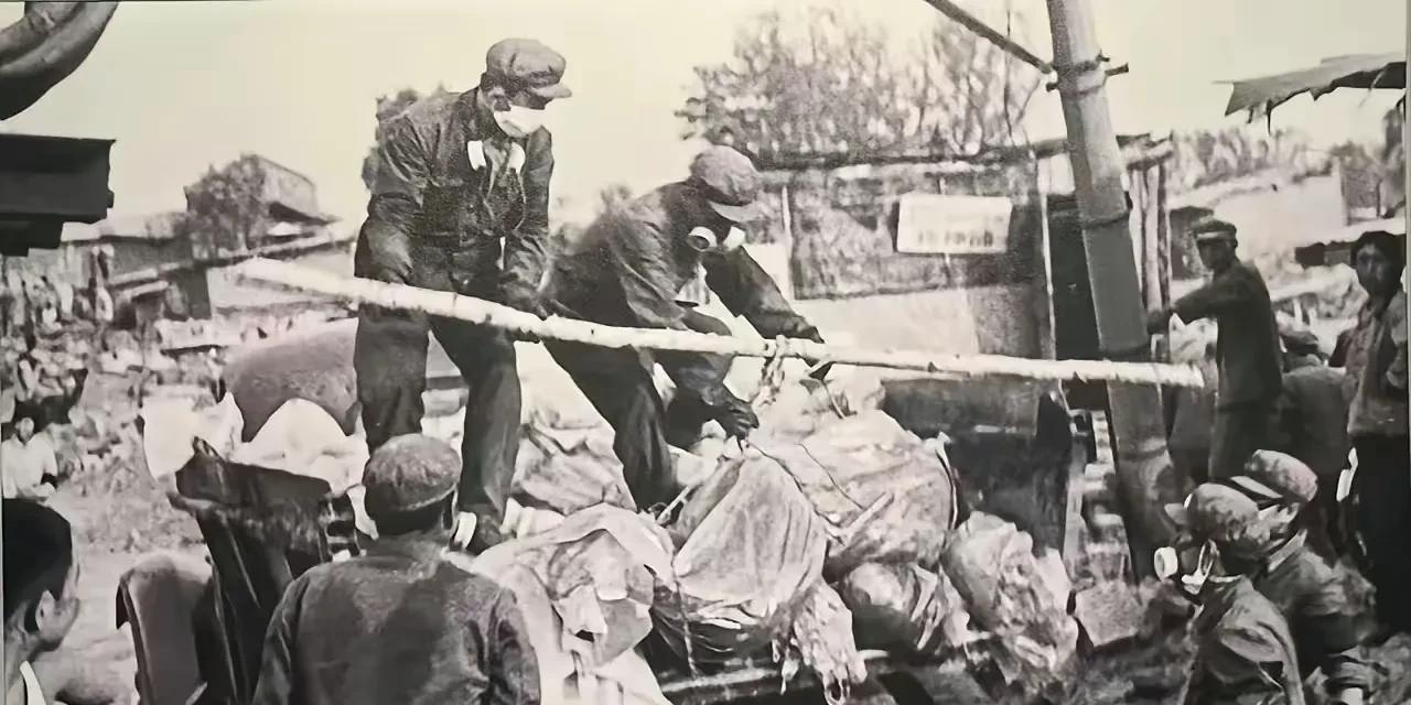 这是唐山大地震后，解放军战士们用卡车运送遇难者遗体的照片。当时天气非常炎热，遗