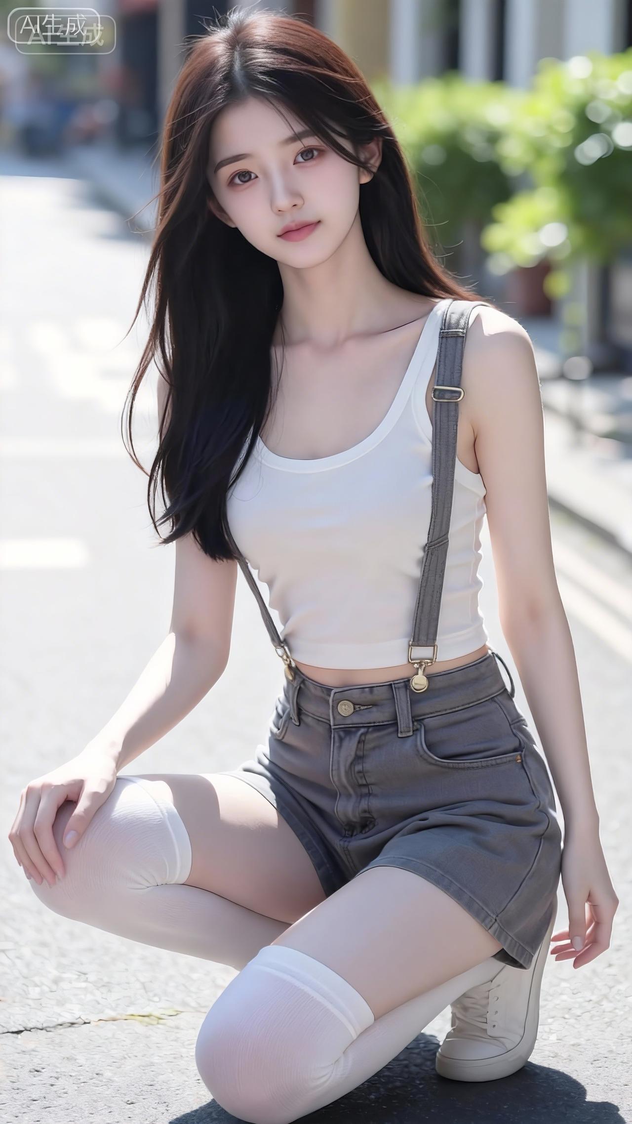 白背心+灰背带短裤，街头元气感拉满简约白背心搭灰西装料背带短裤，百褶裤脚添