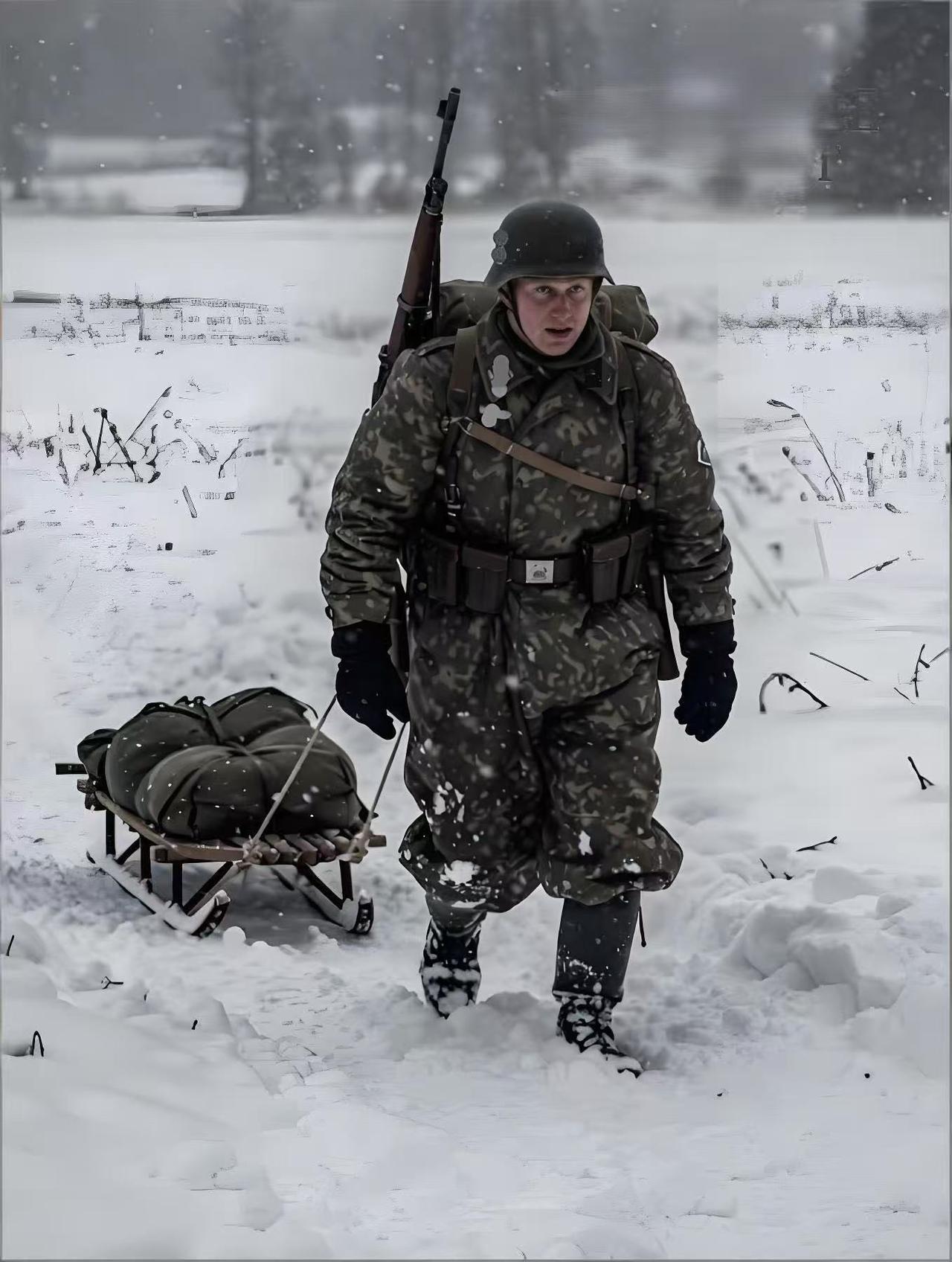 二战东线战场，一名德军士兵携带机枪，拖拽着满载作战装备的雪橇艰难行进中！此场