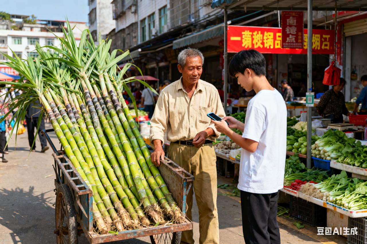 街边的三轮车放着长长的绿皮甘蔗，一根根又粗又大，又到吃甘蔗季节。看老板削甘