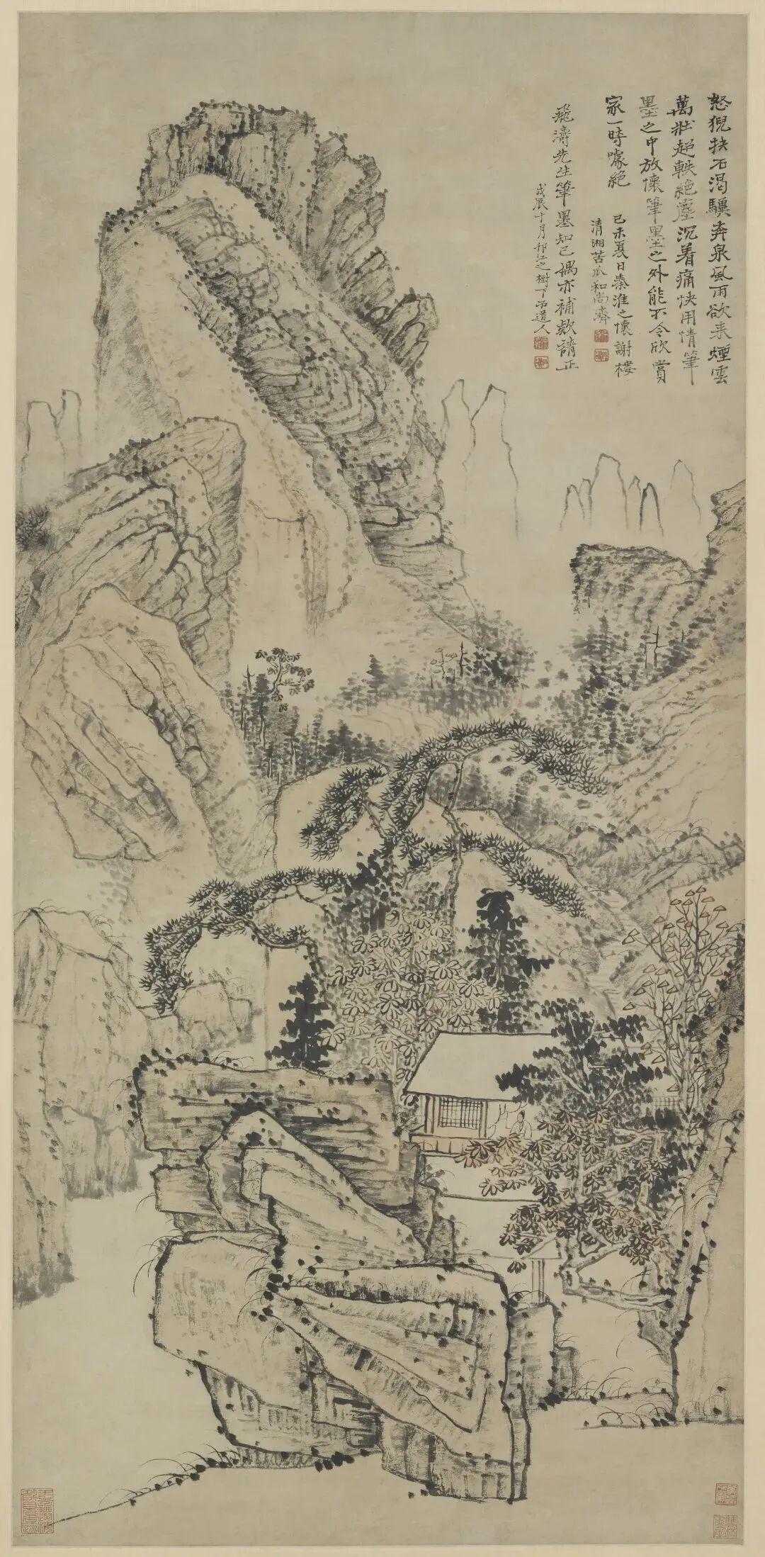 石涛山居图。石涛画风独树一帜，作品恣肆纵横，苍莽新奇，笔法流畅凝重，秀中寓拙，