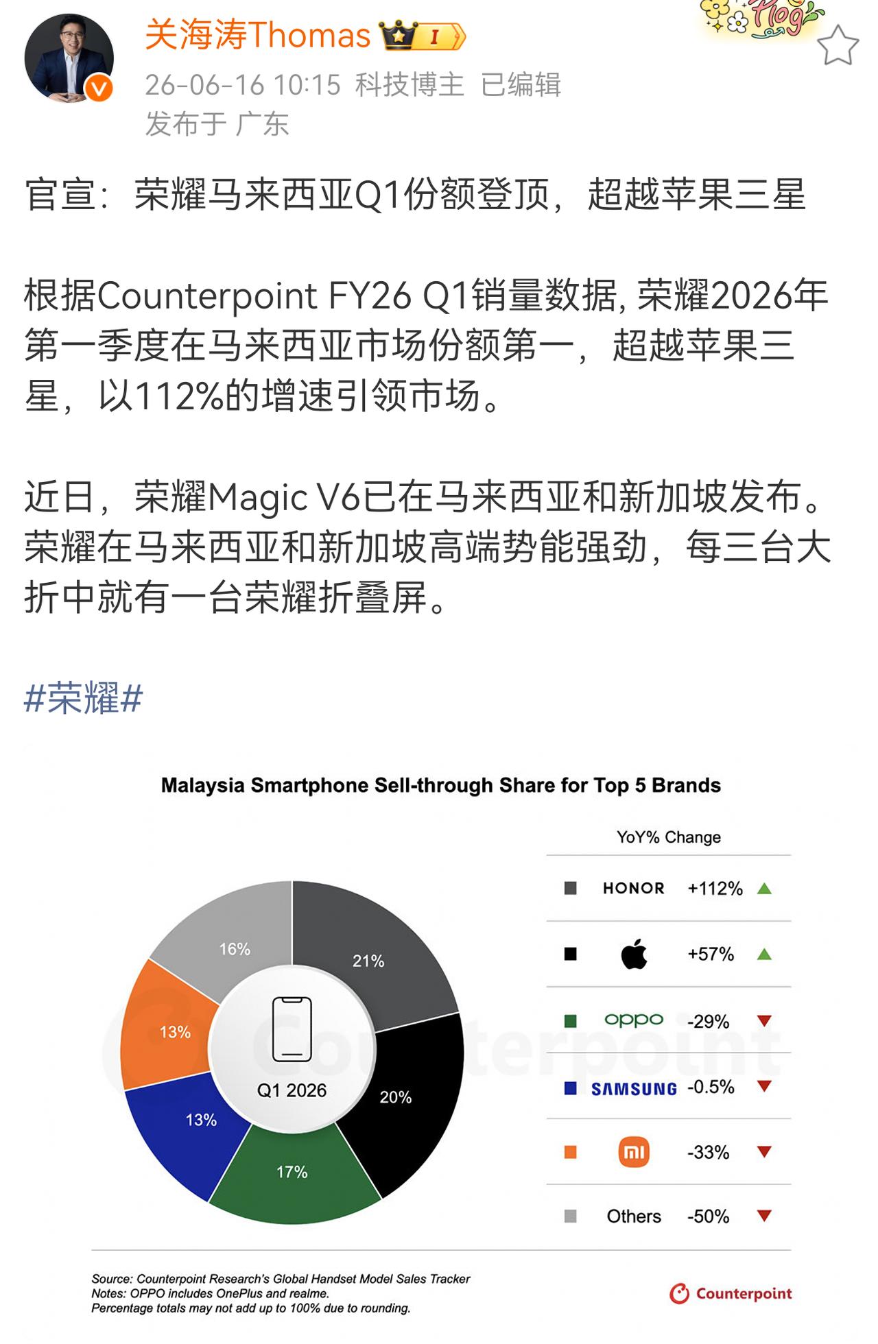 荣耀国内疲软，国外增长强势。