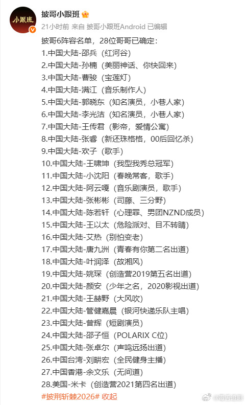 爆披哥人员名单已确定爆披荆斩棘的哥哥名单已确定披哥人员名单敲定的消息刷屏了！这