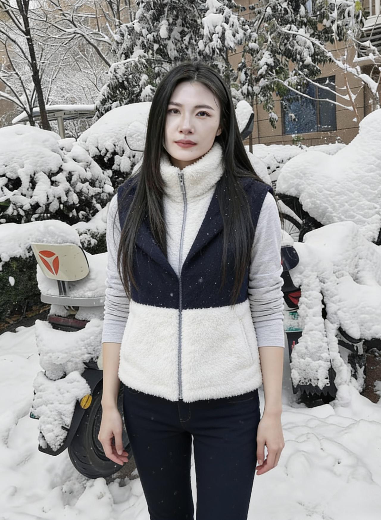 拼裳立雪意萧萧，素褐玄襟映寂寥。丛木堆银遮短骑，寒云凝玉覆荒桥。发梢缀雪凝清