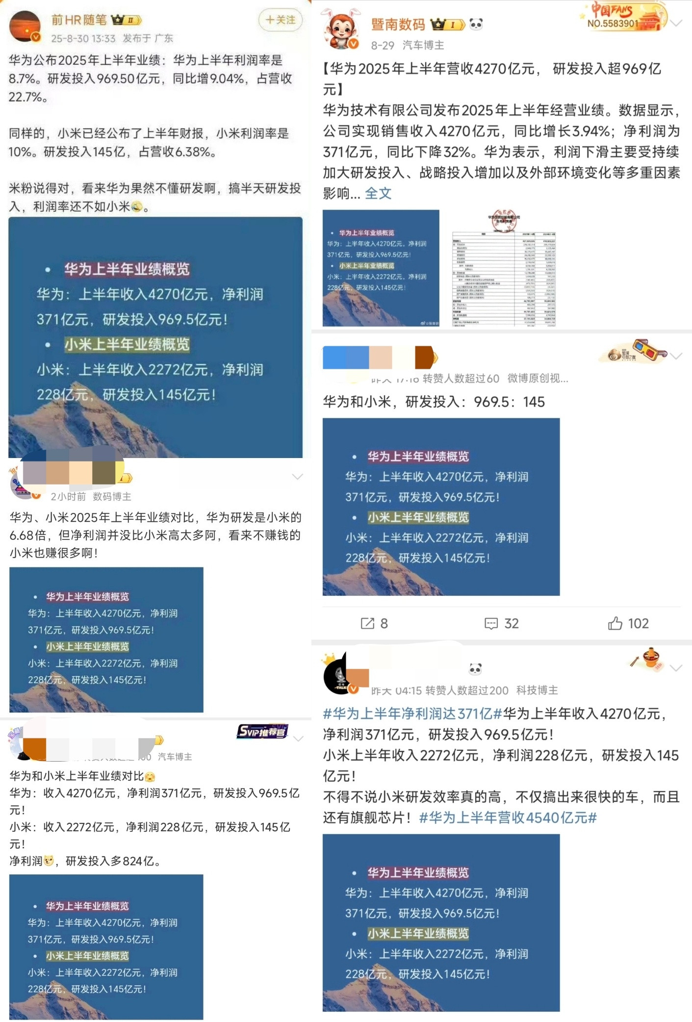 华为和小米的财报。2024年毛利率：华为44.4%，小米20.9%（=765