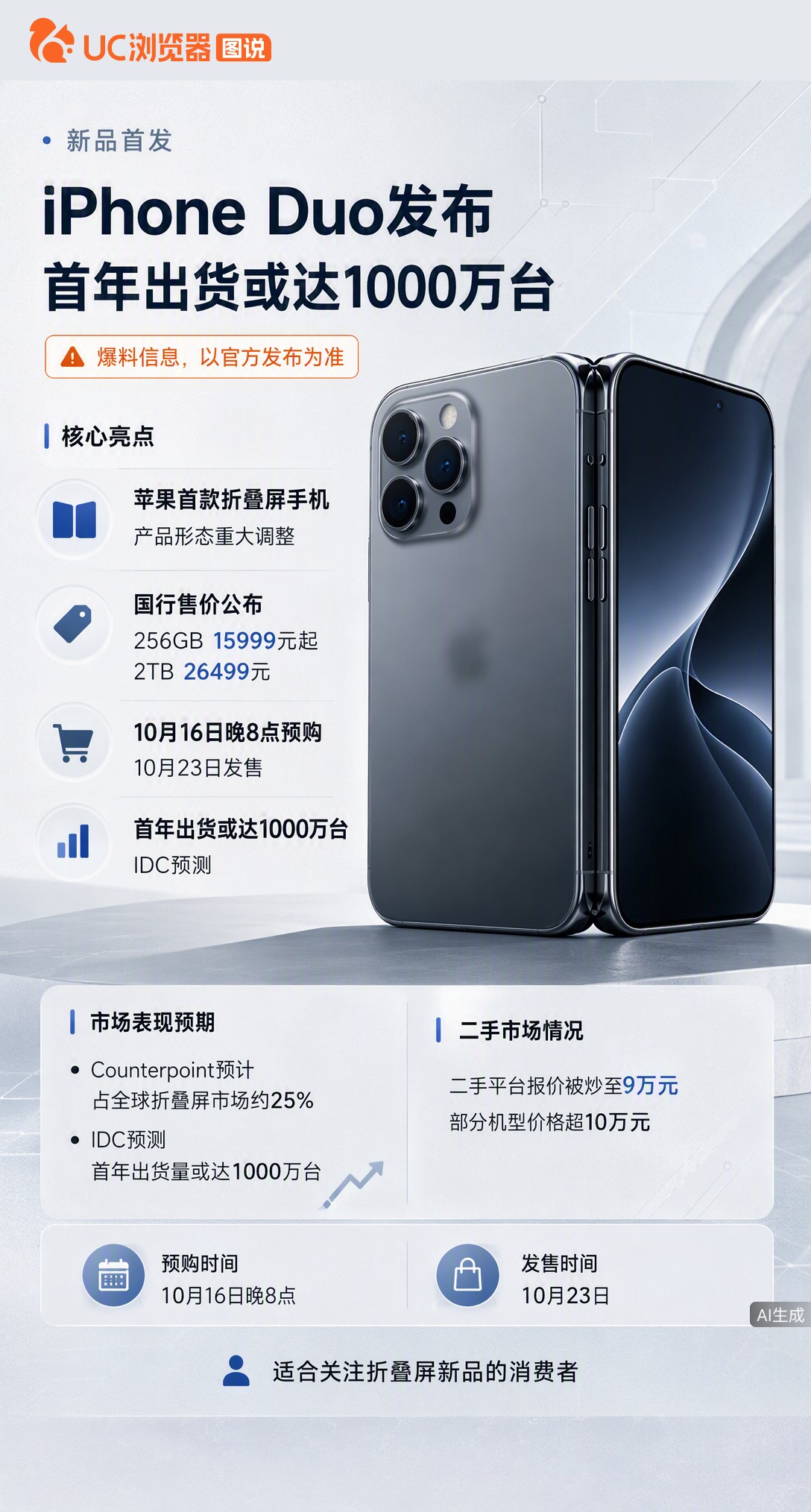 苹果折叠屏iPhoneDuo国行起售价15999元，二手却被炒到9万甚至破10万。机构预测首年出货或