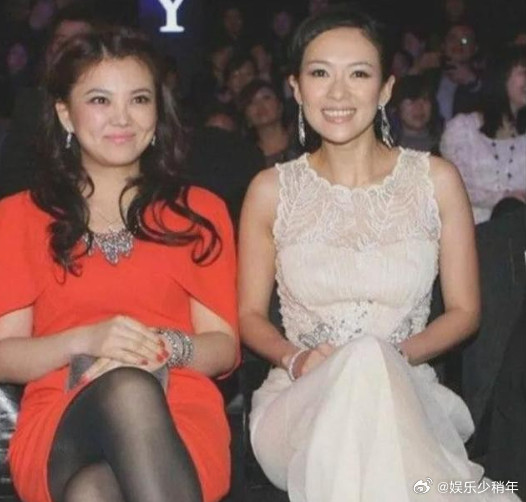 李湘和章子怡同框，一红一白对比明显。李湘身穿红裙，搭配黑丝袜，身材丰腴，圆圆的