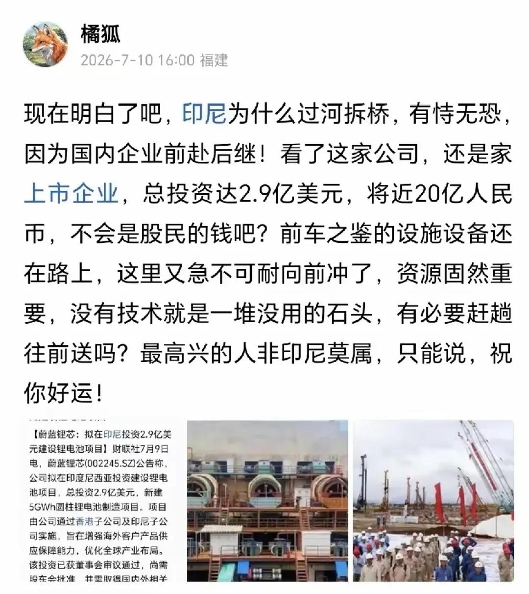 国内又有企业前赴后继的去印尼投资！上市公司蔚蓝锂芯7月9日公司官方公告：计划