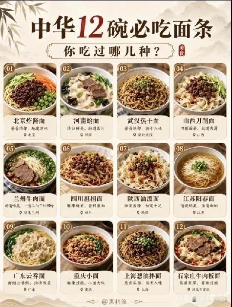 中华12碗必吃面条？你喜欢吃哪个？爱吃有河南烩面、山西刀削面、兰州牛肉面、陕西