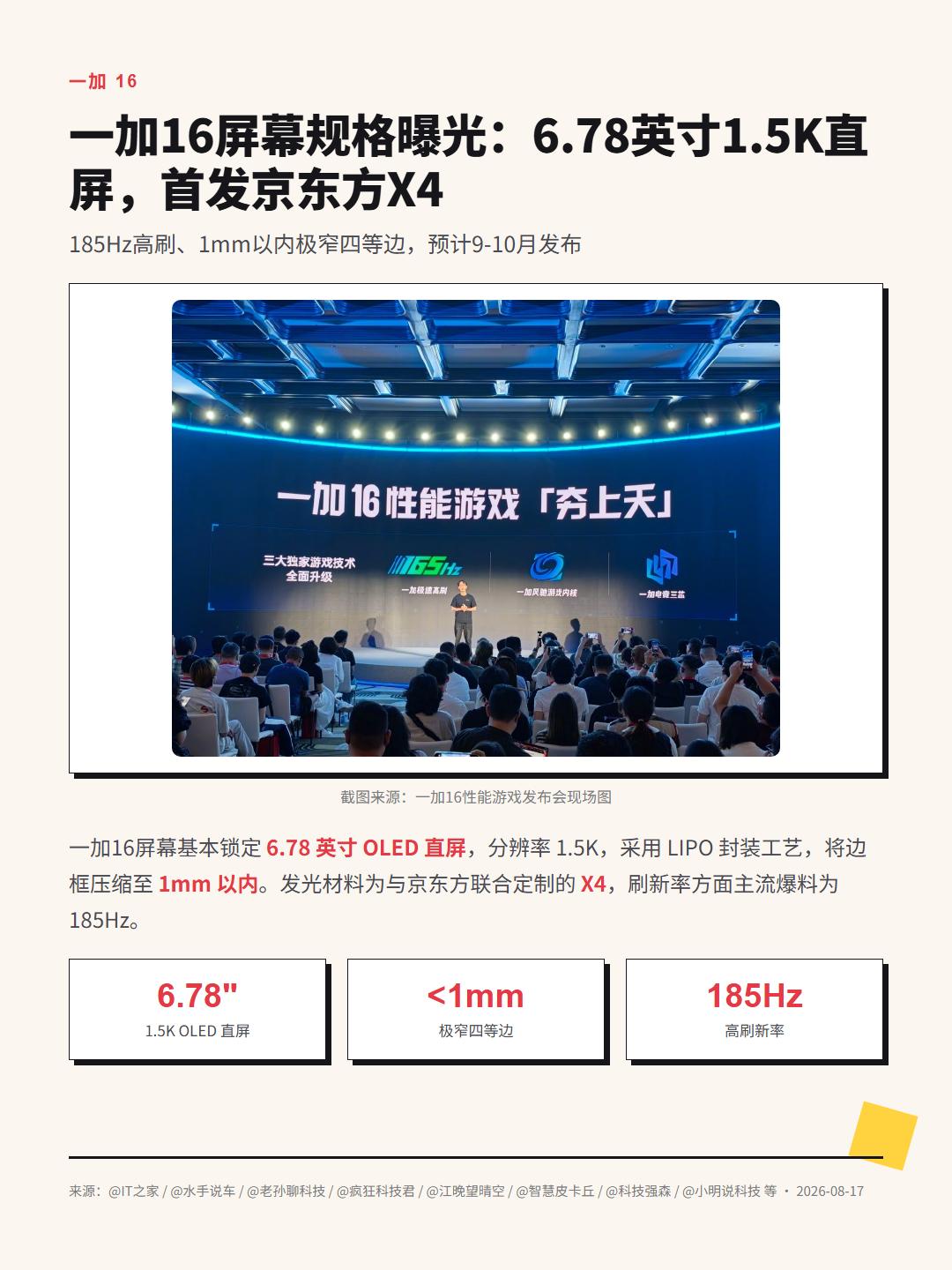 京东方X4压过三星M系？一加16屏幕稳了一加16屏幕规格定了，这次是真支棱。