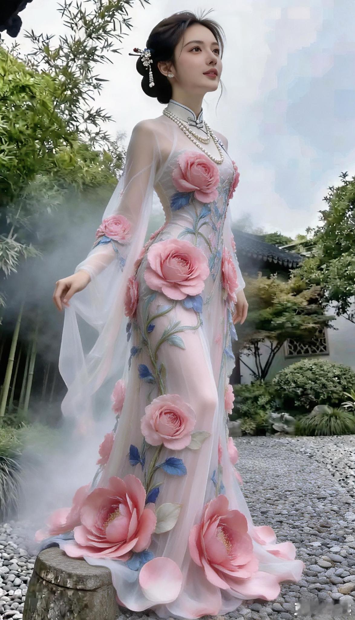 古典美人，粉花长裙，漫步园林，宛如仙境粉裙花畔照粉裙诗意梦幻花裙照