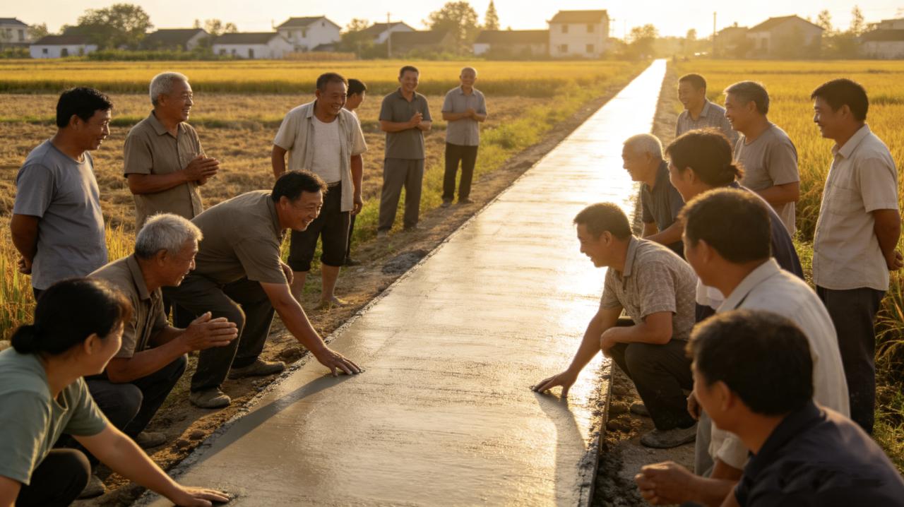 村里修水泥路，大家都很高兴。七十岁的刘大爷蹲在路边看了半天，叹了口气。施工队
