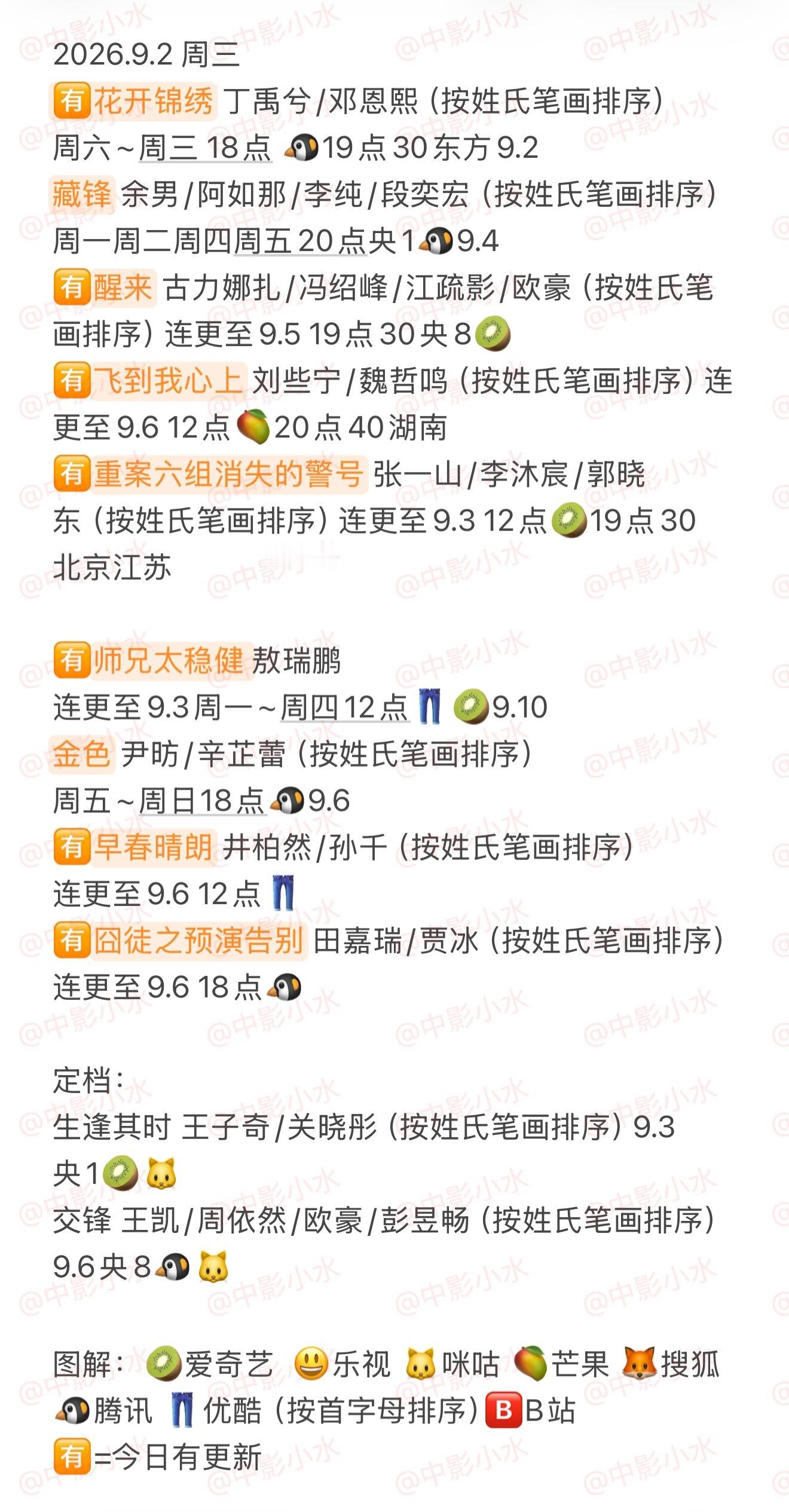 #拯救剧荒#9月2日，今晚看点啥？？图1追剧日历图2综艺日历图3已完结剧集🈶花开锦绣丁禹兮/邓恩熙
