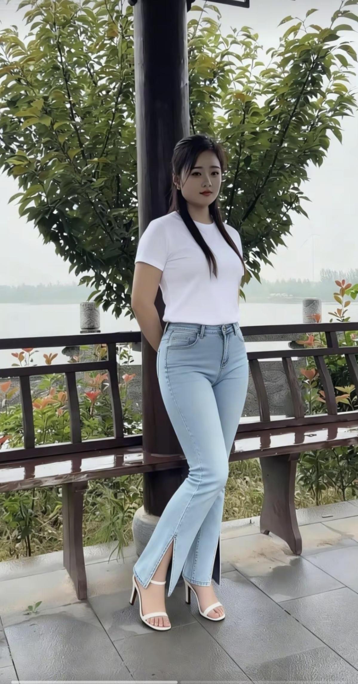 湖畔倚栏立，白衣映绿阴。