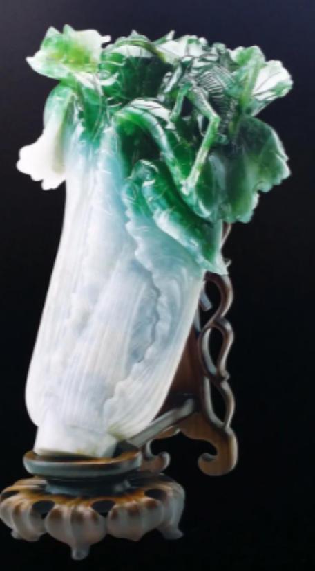 2007年，一名小学生在台北故宫观赏翠玉白菜，突然，他指着白菜上的蝈蝈大喊“这蝈