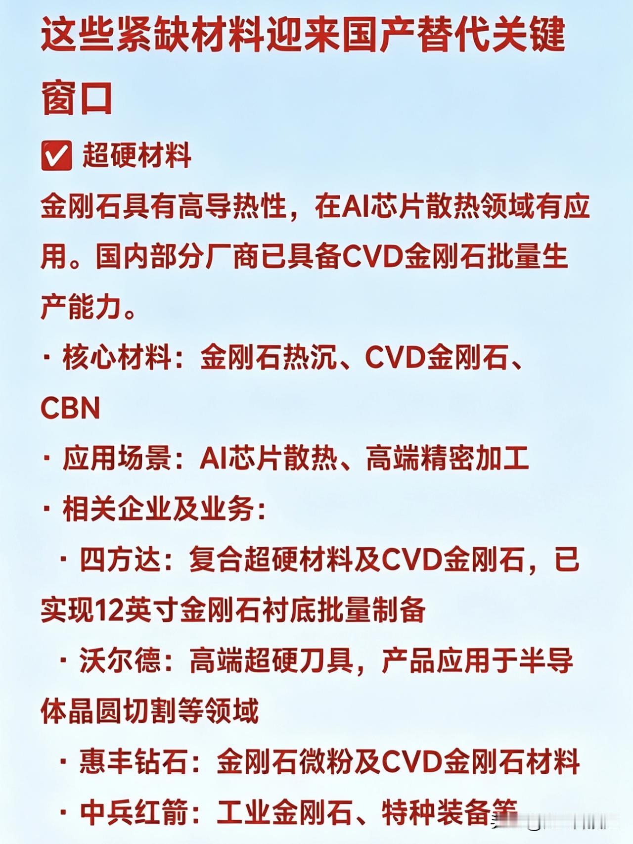 这些紧缺材料迎来国产替代关键窗口✅超硬材料金刚石具有高导热性，在AI芯片散