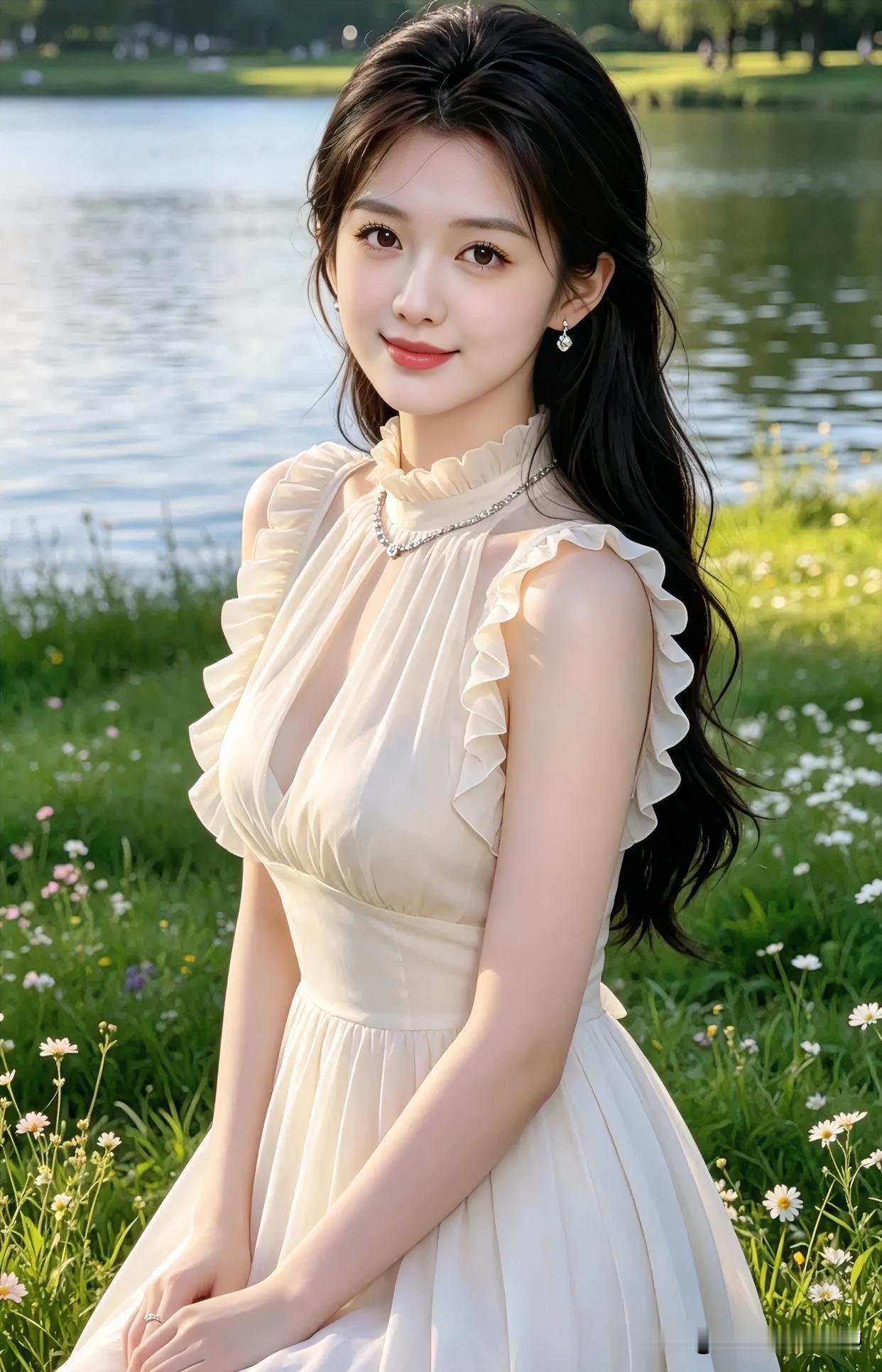 【题目】湖畔仙姿湖畔繁花映素裙，微风轻拂玉颜温。长发如瀑凝清露，宛若仙娥