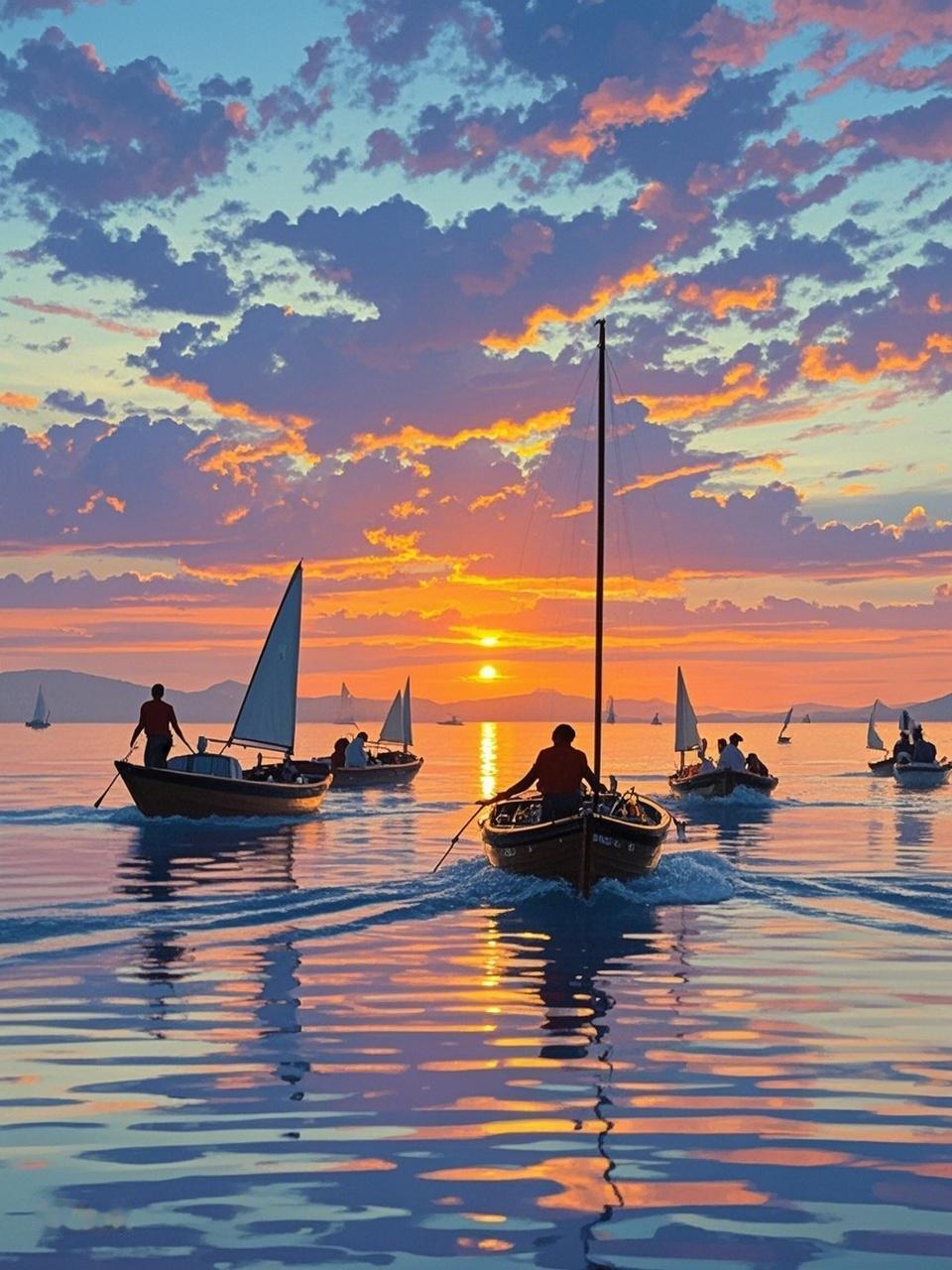 上联：夕阳斜照百舸归；念姐邀对下联：朝霞遍染千帆竞。