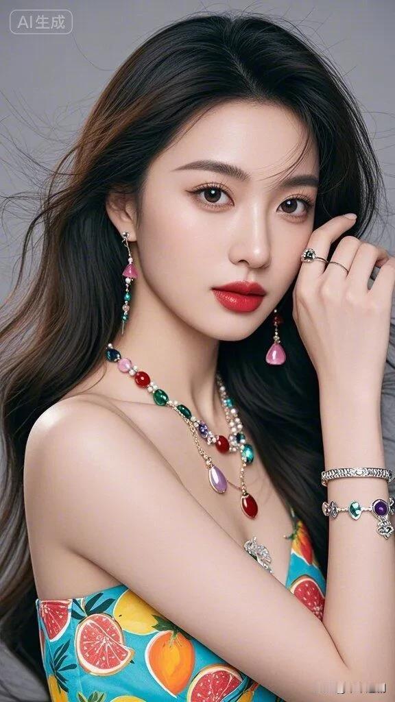 水果印花裙漾着夏日的鲜活，彩宝首饰缀出明艳的风情，红唇一抹，把热烈的美揉进眉眼间