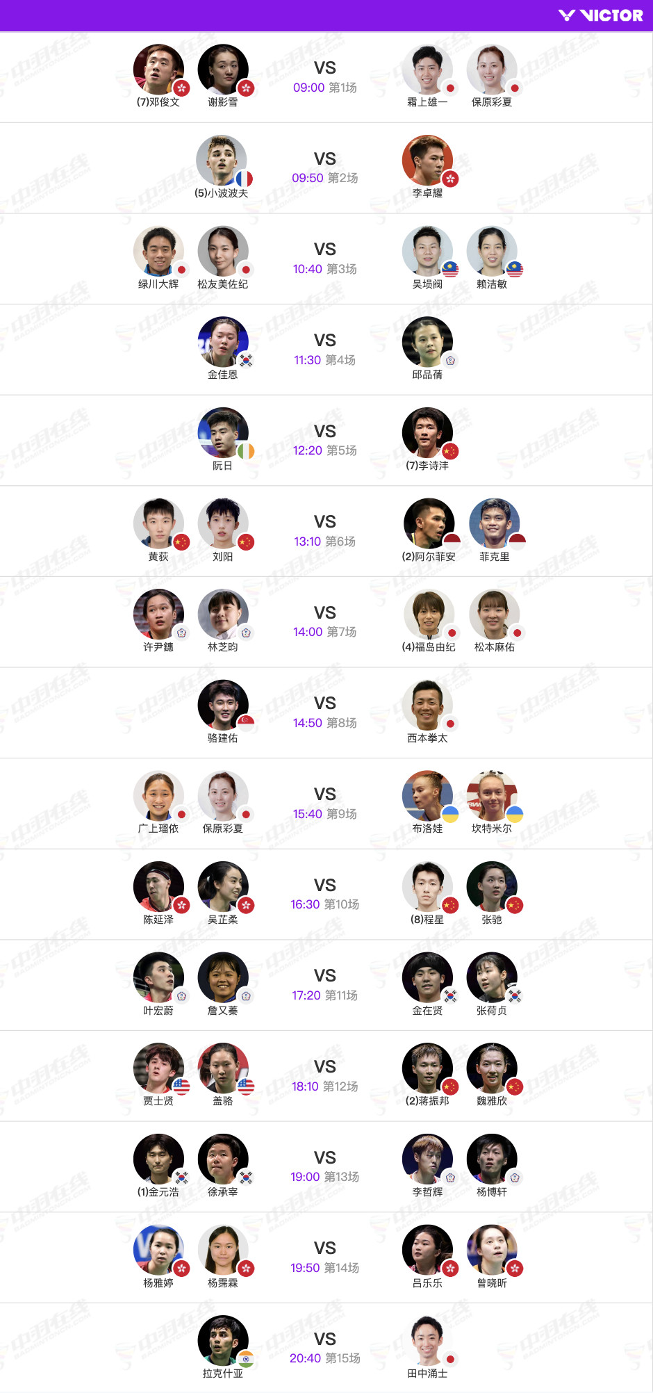 威克多中国羽毛球公开赛7月22日各单项首轮赛程，早上9点开赛：【1号场地】1、