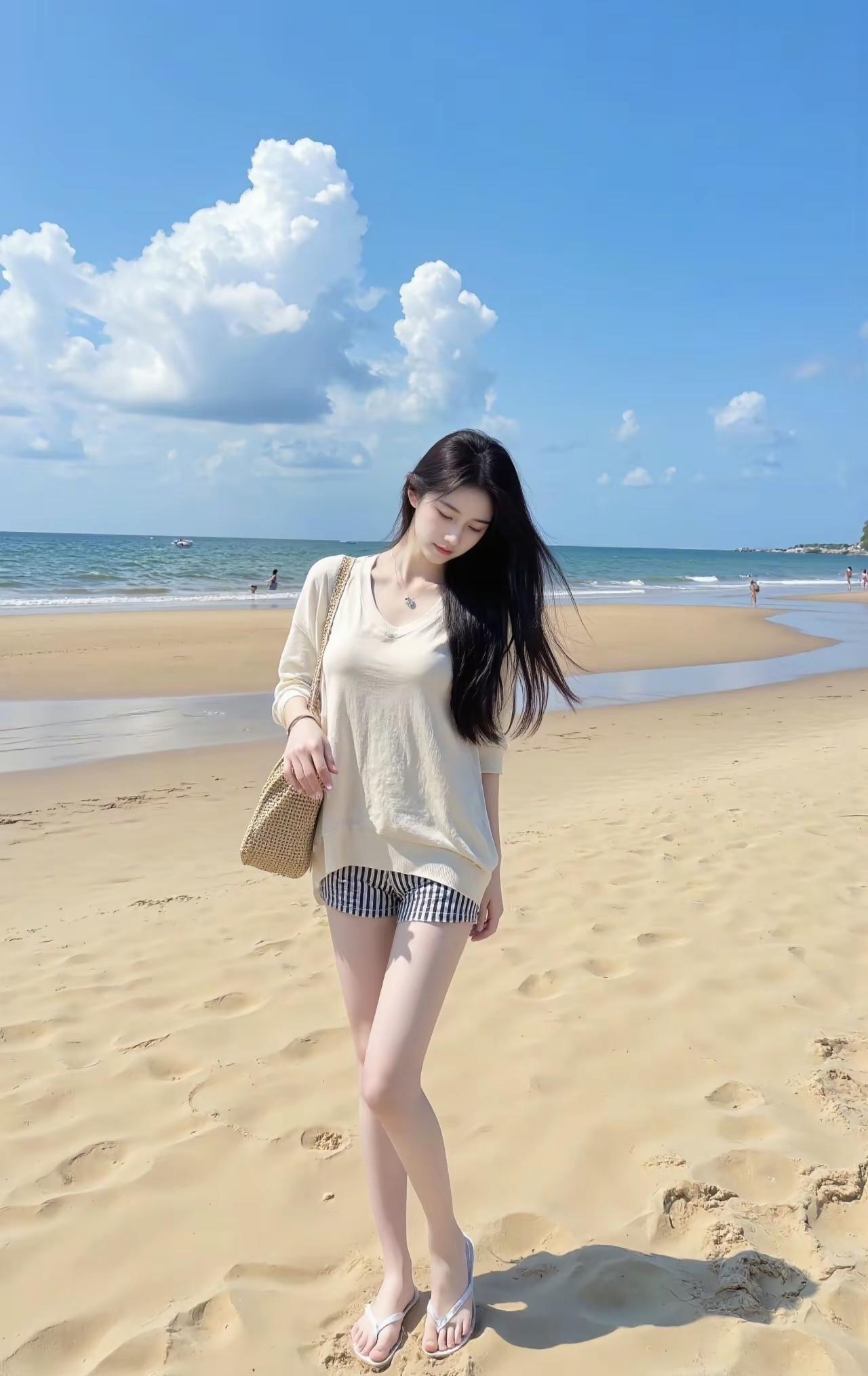 海风把头发吹成蓬松的形状，沙滩上的脚印和海浪一起晃。今天的温柔是浅米色的，连风里