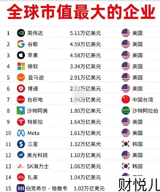看到这张图挺唏嘘，全球市值超过1万亿美元的公司总共15家，美国就占了11家，韩国