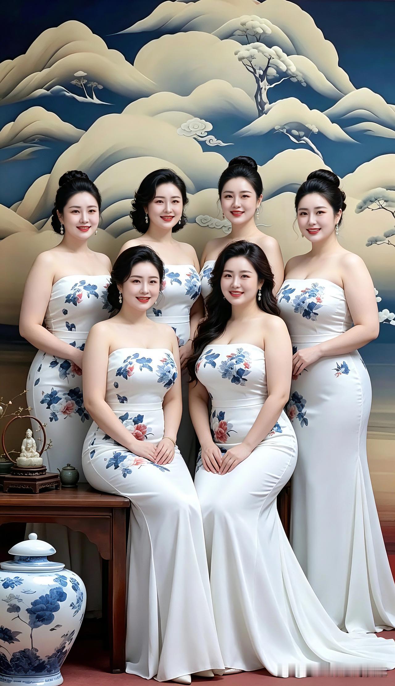 打油诗六位佳人聚一堂，青花旗袍韵悠长。笑容温婉气质彰，身姿优雅映华堂。