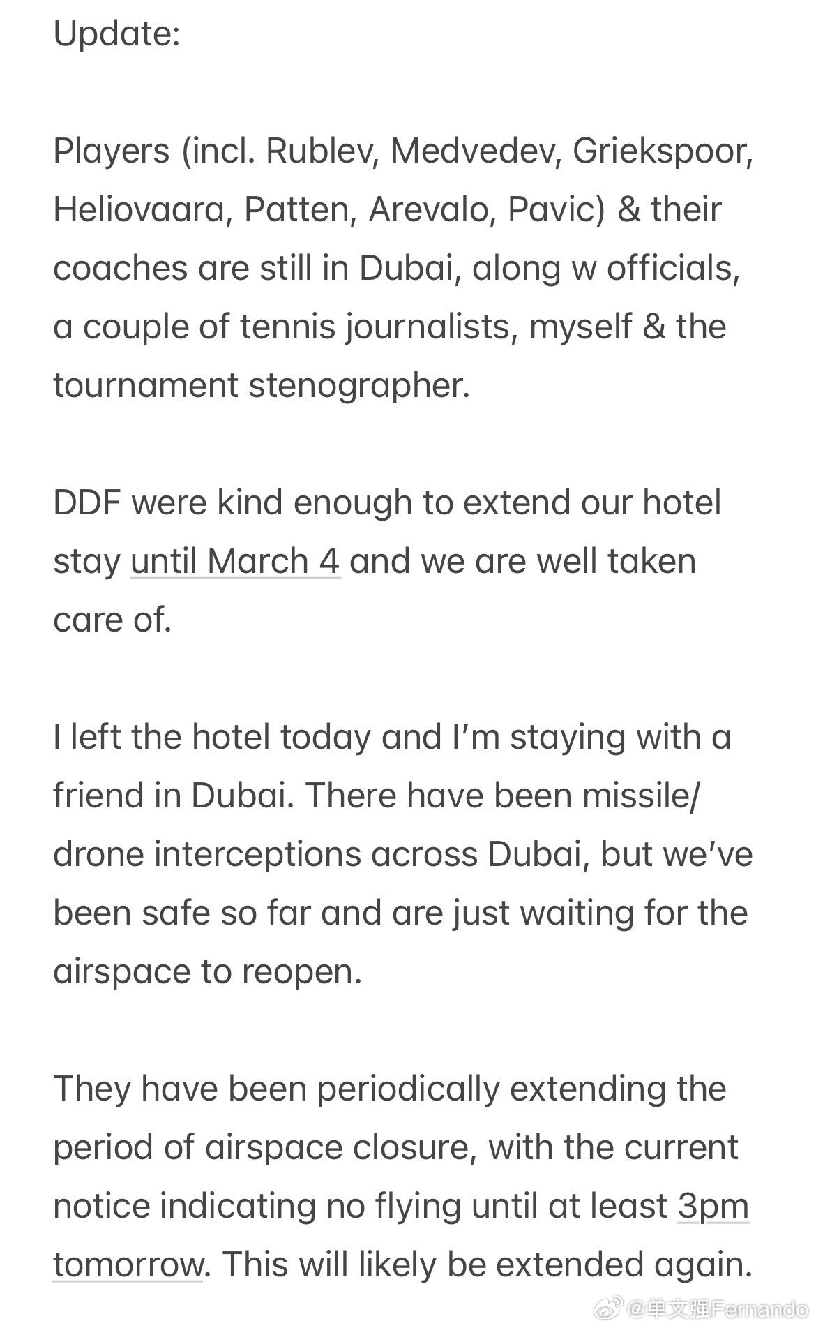 梅德韦杰夫、卢布列夫、格里克斯普尔等ATP球员目前滞留迪拜……另外还包括他们的教