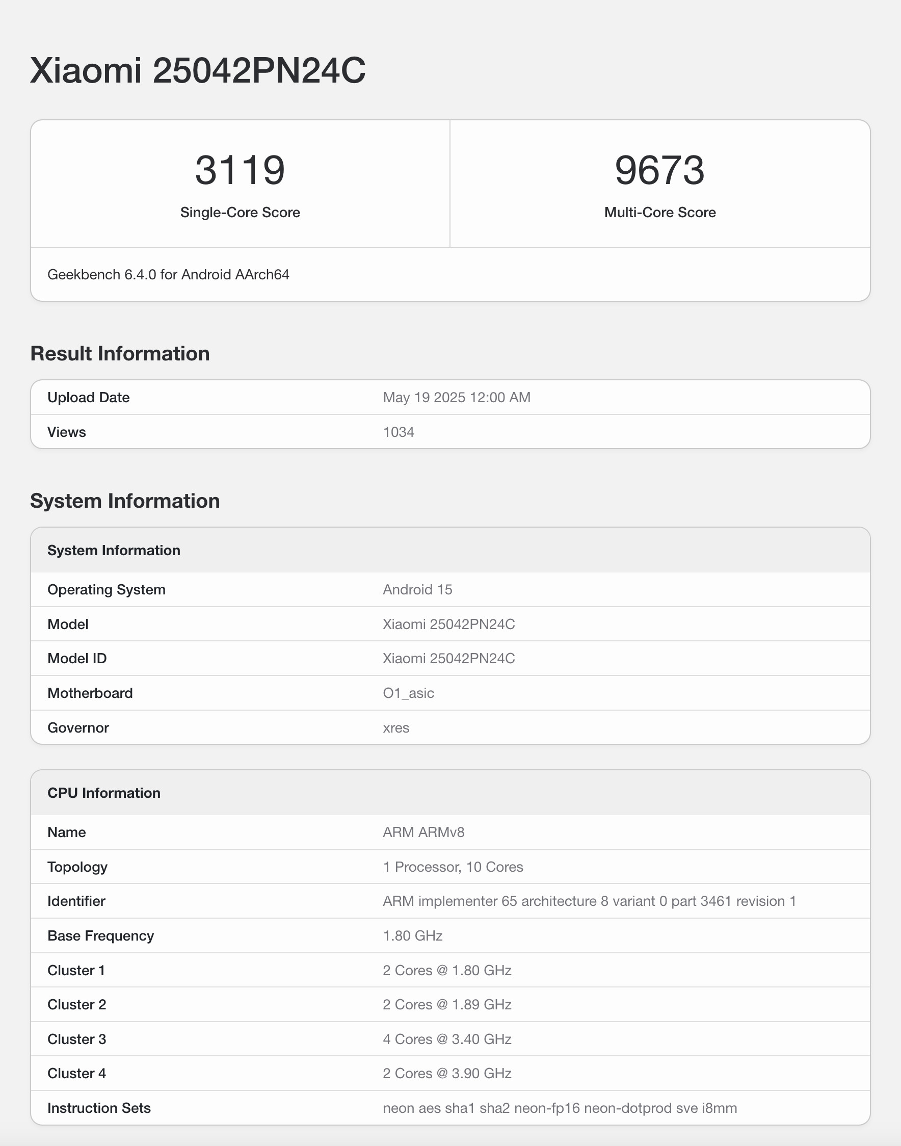 小米玄戒O1的GeekBench跑分已经被陆续披露：单核：3119多核：9673