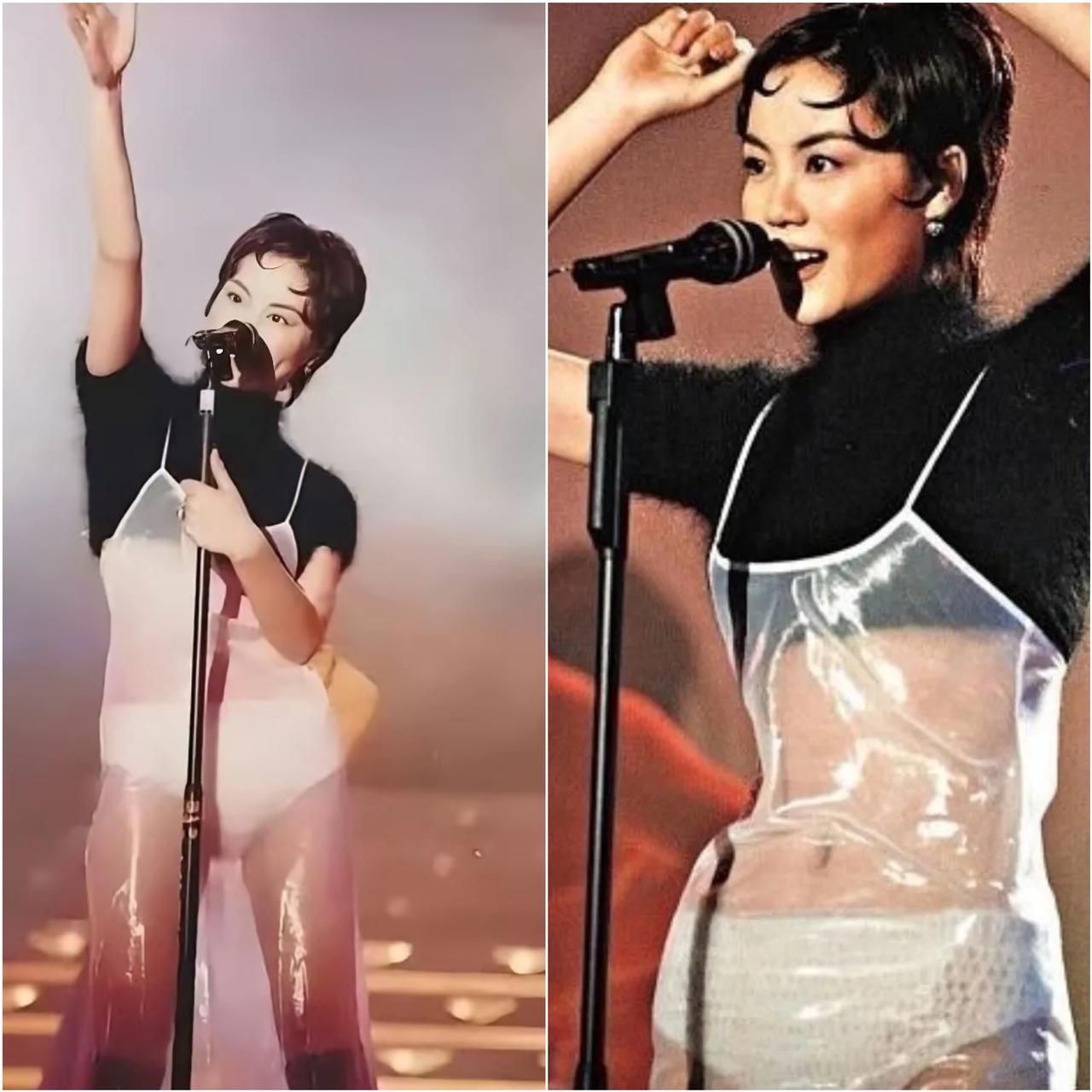 王菲太敢突破了，1994年就身穿透明裙子在舞台上演唱，一下子惊艳全场！在那