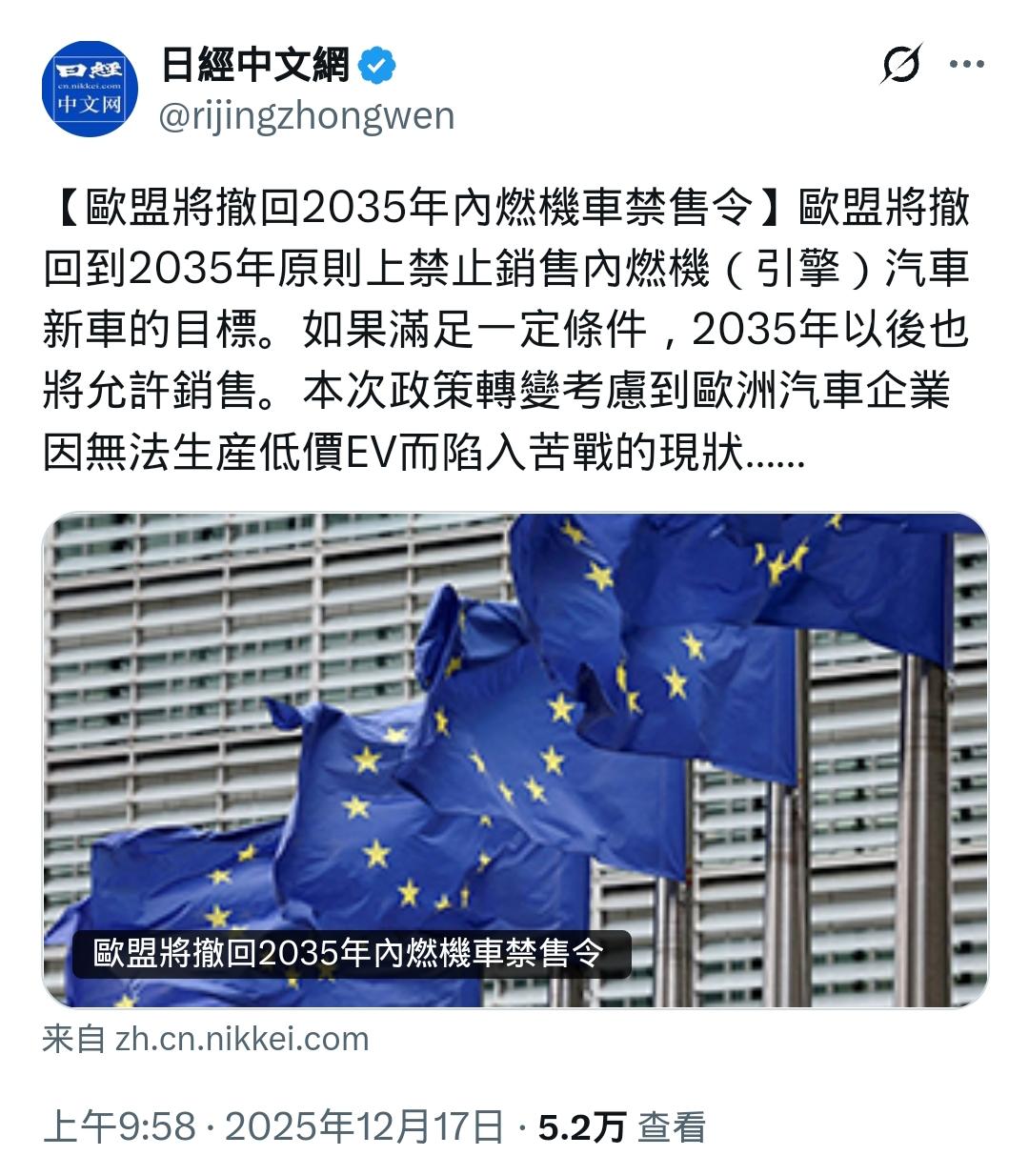 欧洲政策大反转！2025年12月16日，欧盟委员会正式提议，放弃2035年