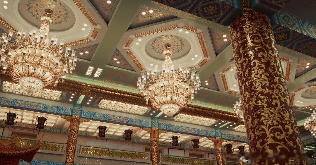 人民大会堂金色大厅里的吊灯图1白宫短片里的特写镜头。图2新华社的。