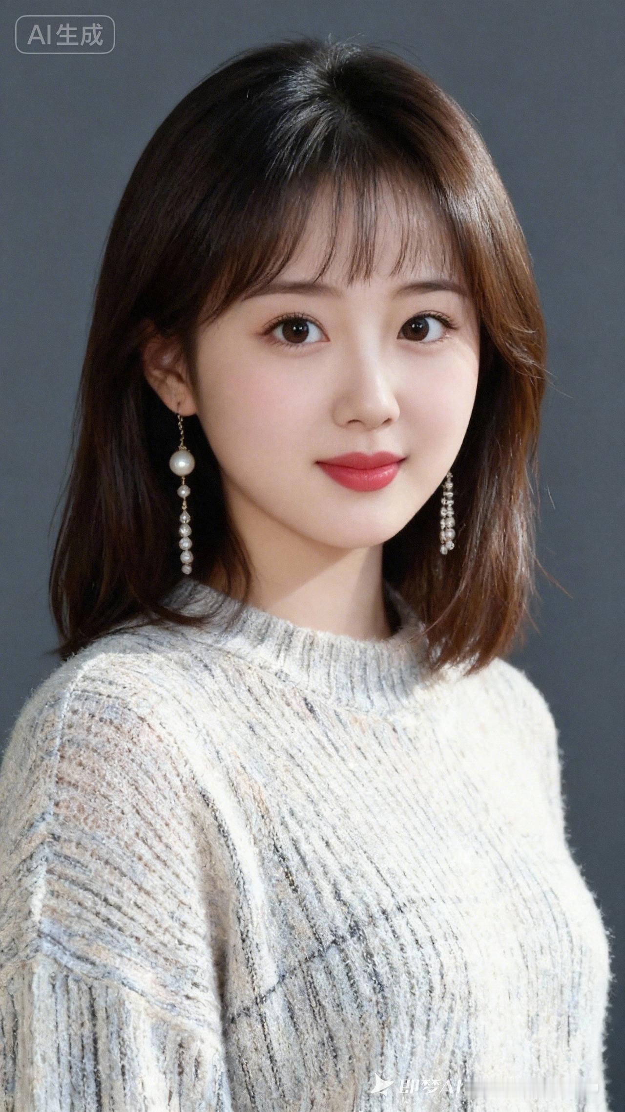 温柔甜美的少女，穿着白色毛衣，佩戴珍珠耳环，微笑动人。