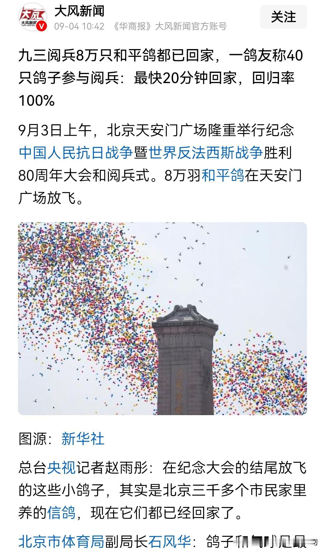 八万只和平鸽都已经回家，回归率100%，这样的新闻你信吗？反正我不信。八万只和