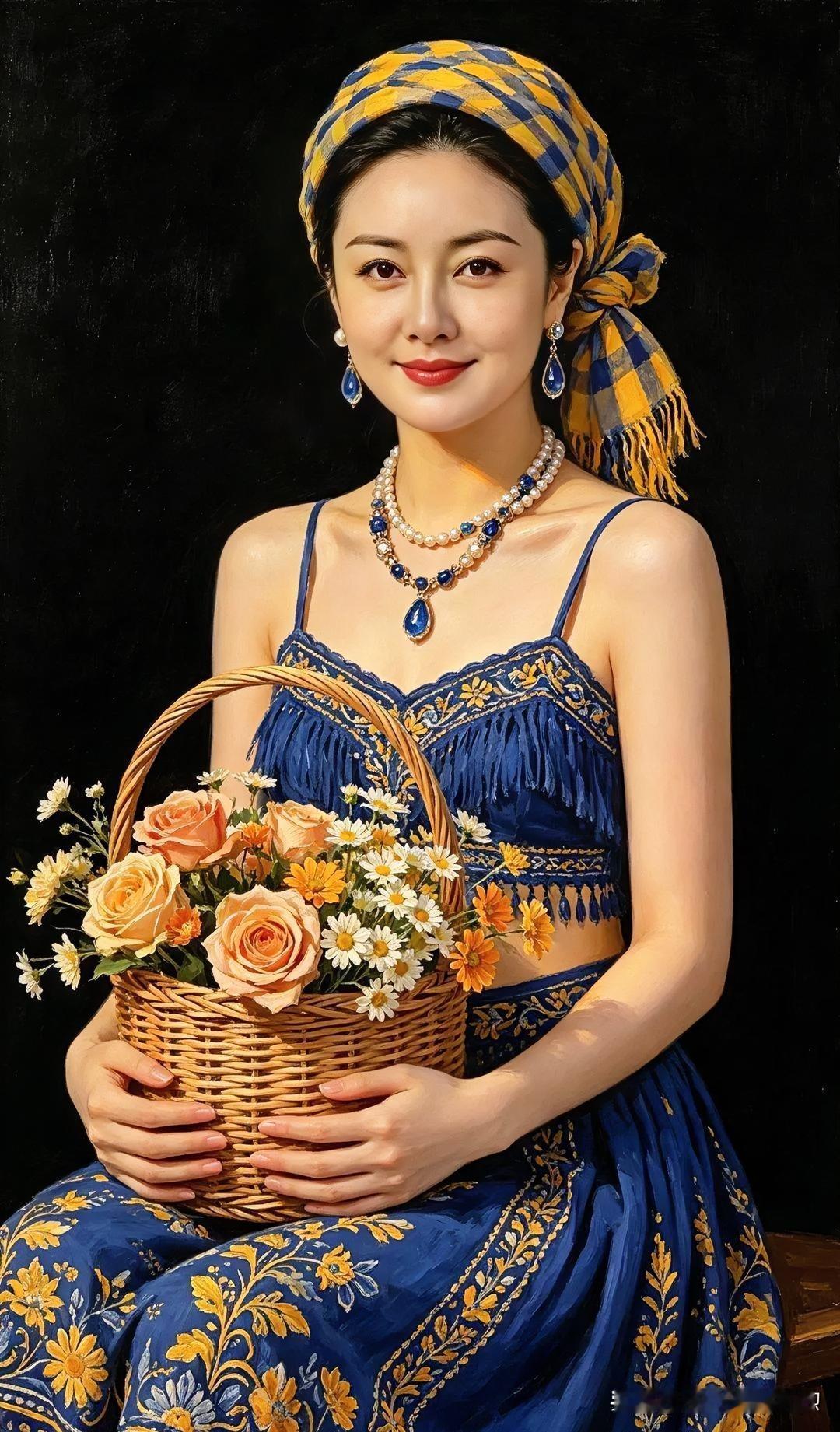 【油画佳人】浓墨轻描静女颜，蓝裙黄紫缀花间。篮中盛满春颜色，一笑如诗入画