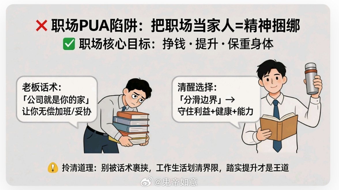 上班这件事不要本末倒置天选打工人其实就是被PUA了，把职场当家人，本质就是变相的