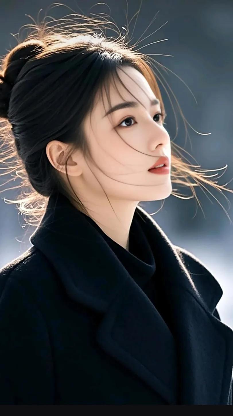 冬日暖阳下的温柔侧颜，黑发随风飘逸，尽显优雅与宁静。